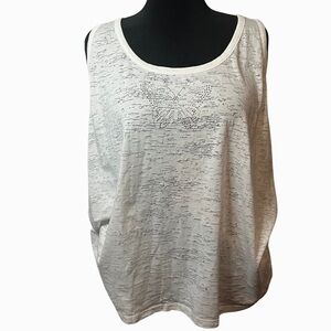 White sleeveless top with silver rhinestone logo and rhinestone detail on back